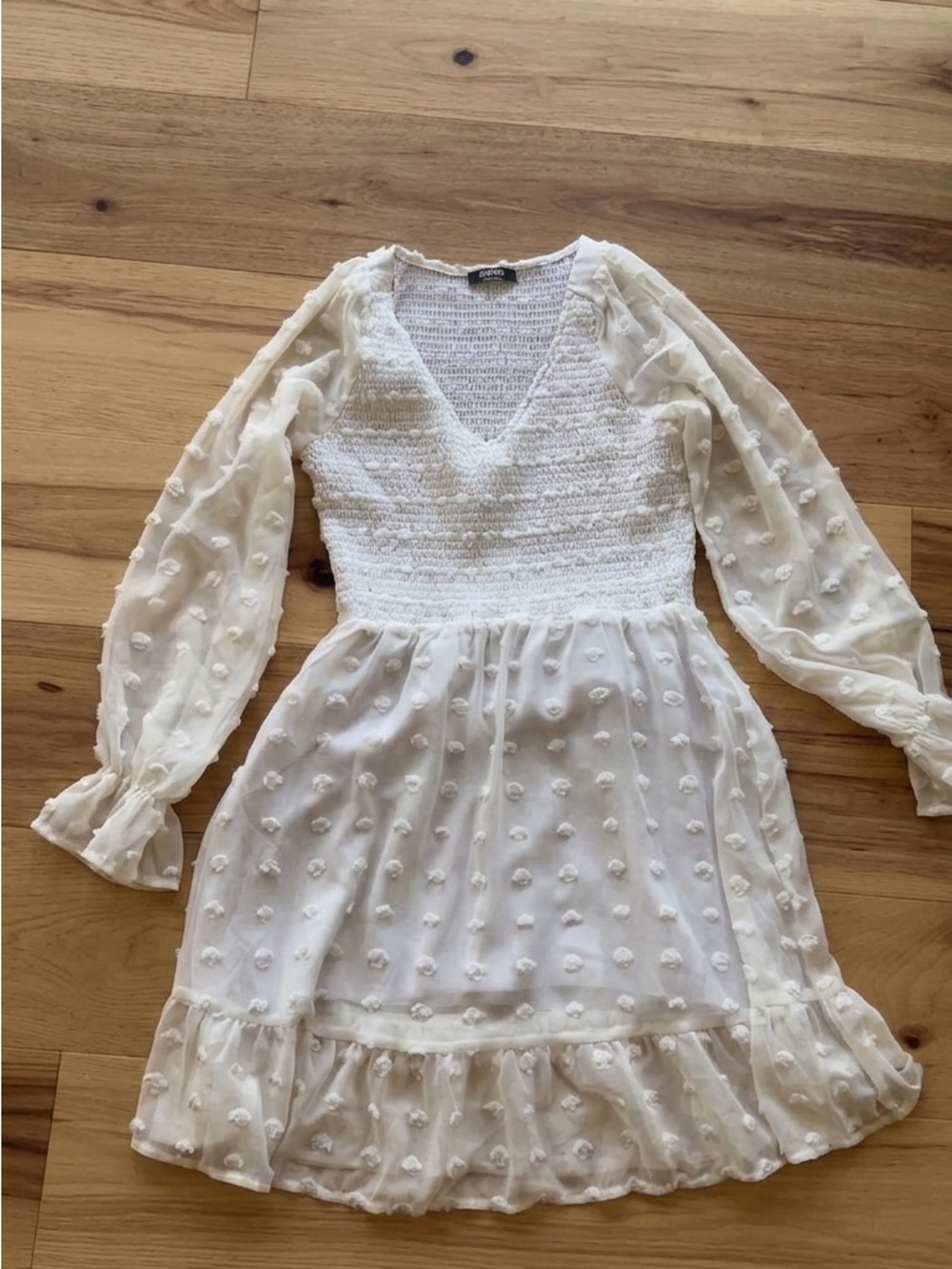 White Swiss Dot Long Sleeve V-Neck Dress